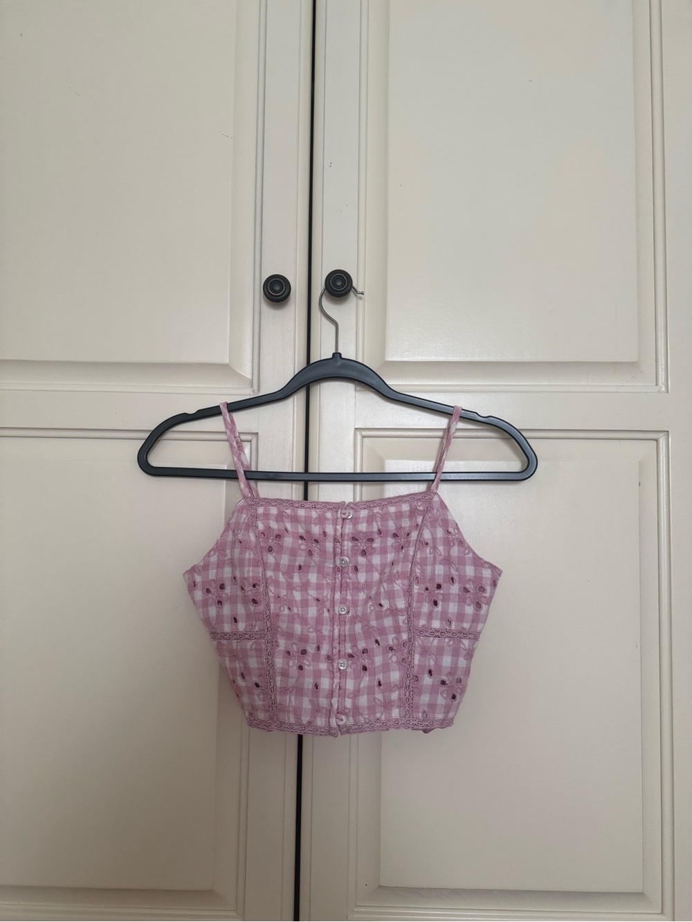 American Eagle Outfitters Pink Gingham Eyelet Button-Front Cami
